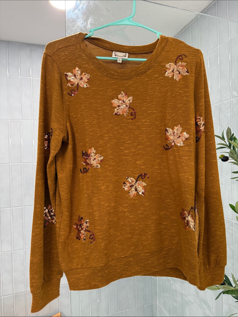Coldwater Creek Mustard Embroidered Sequin Floral Crewneck